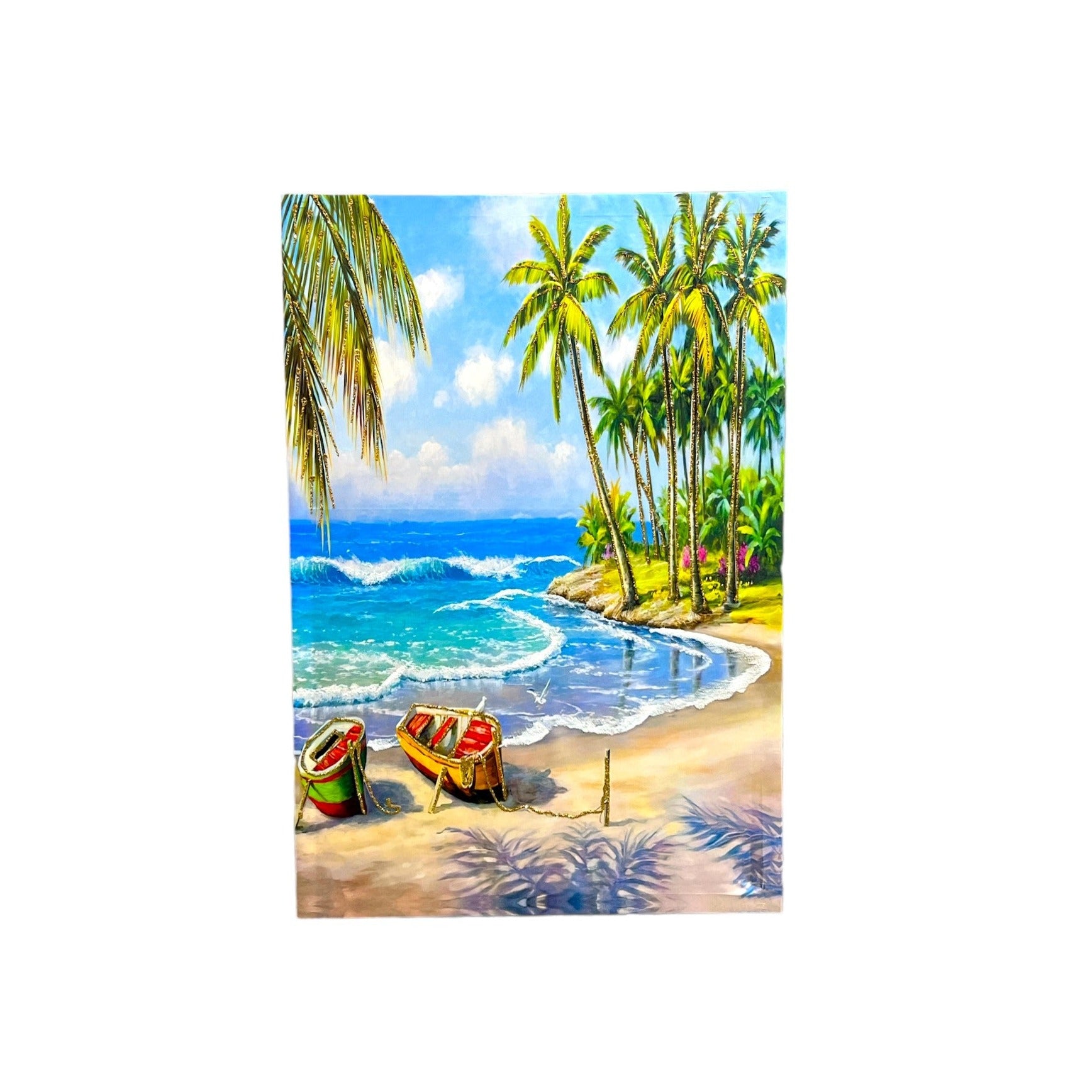 Island, beach, row boats, painting.