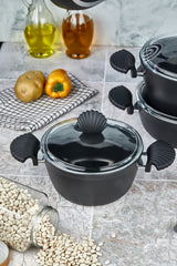 Black Titanium Cookware Set with Seashell Handles 7 Piece