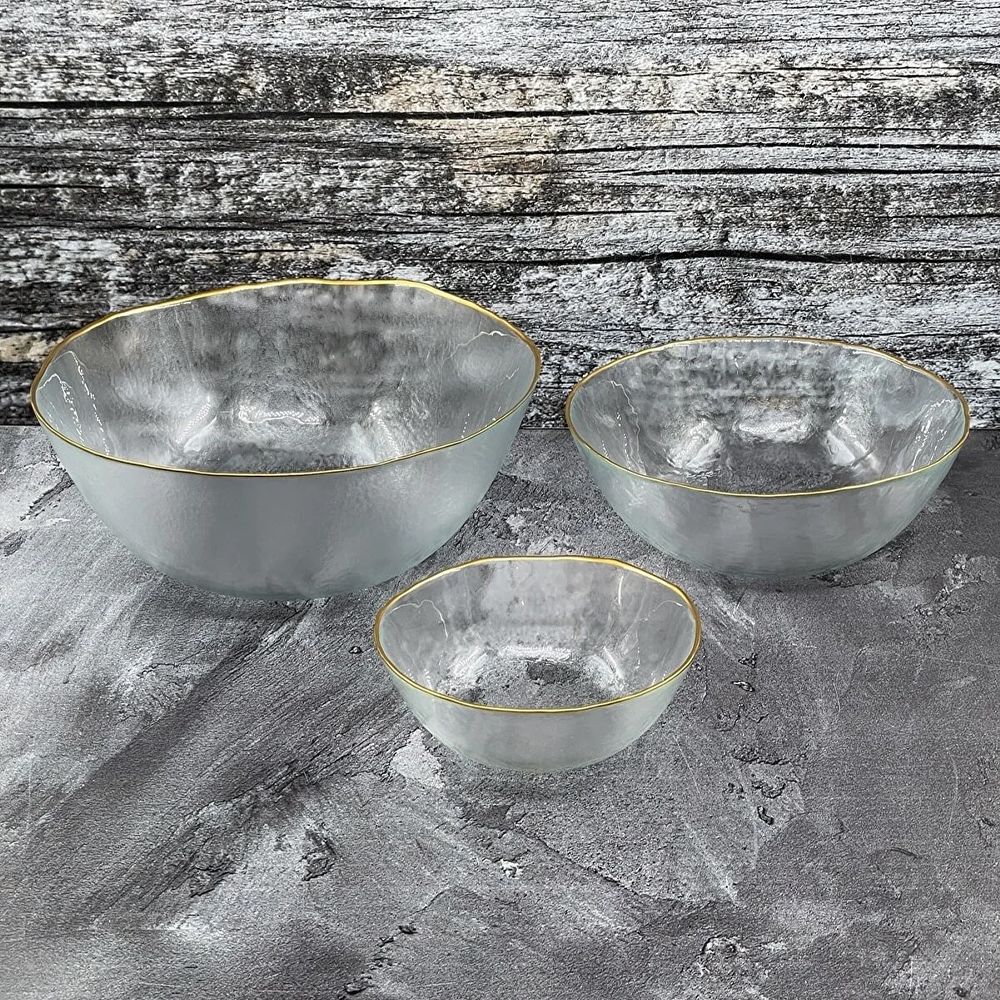 Hammered Glass Gold Trim Bowls, Set of 3