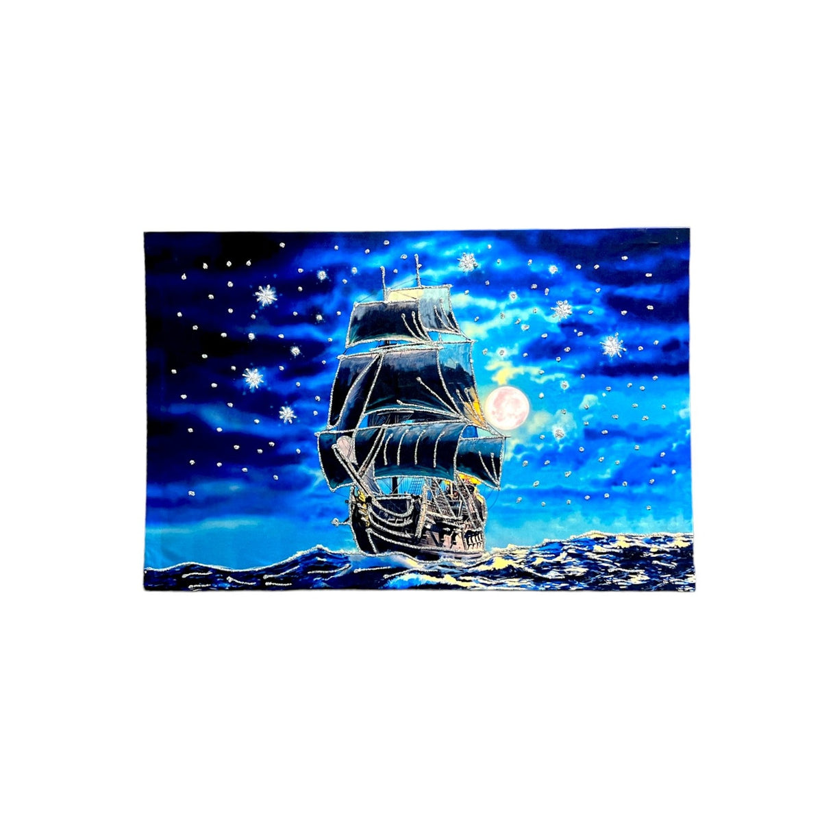 Ship in the sea, starry night sky, painting.