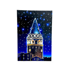 Ancient tower, starry sky painting. 