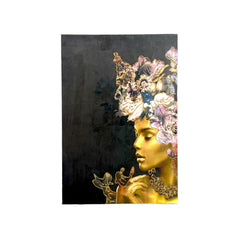 Woman, black, beautiful, gold, flowers, painting.