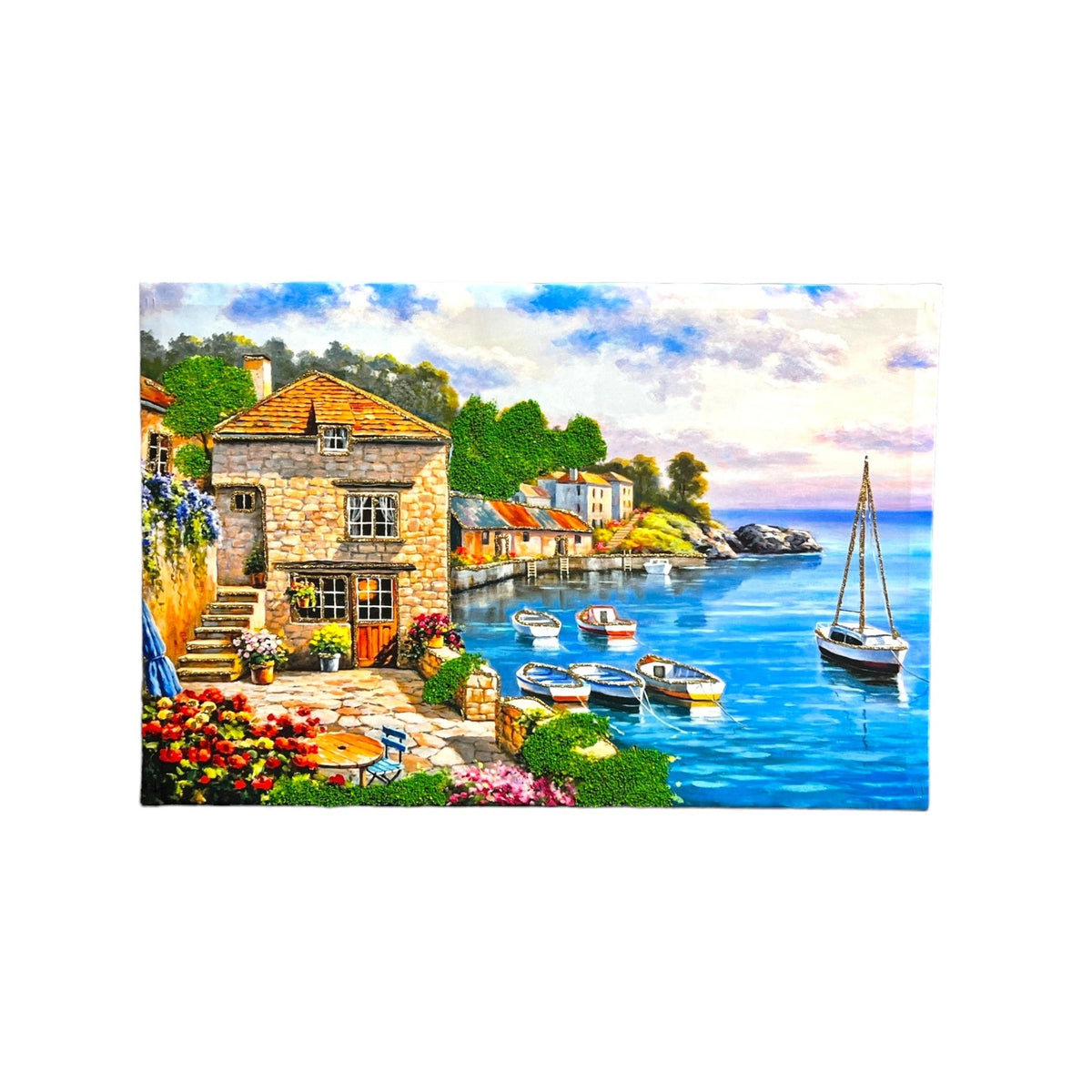 Coastal town, sunshine, small boats painting.