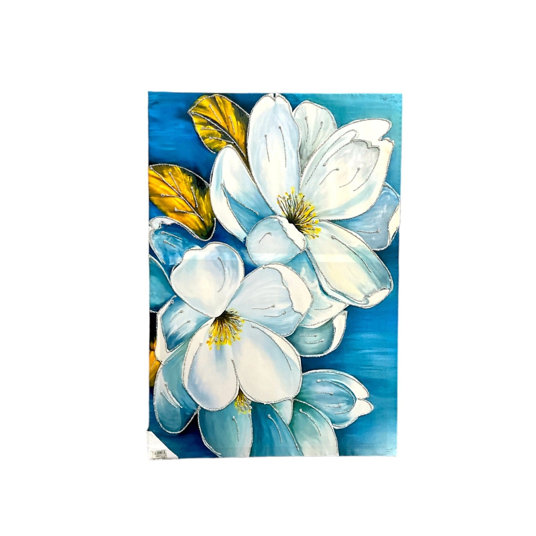 White, blue, flowers painting.